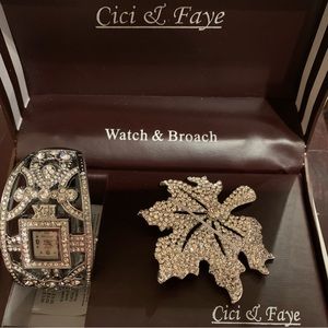 CiCi and Faye silver/crystal and CZ bracelet watch wit matching broach.